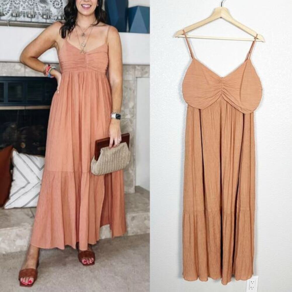 Abercrombie & Fitch Womens Size XLP Ruched Crinkle Babydoll Maxi Dress Salmon